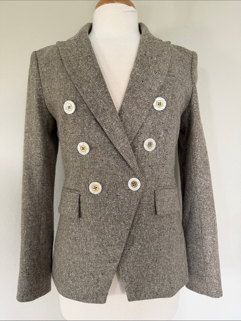 Veronica Beard Double-Breasted Tweed Blazer in Brown/Tan w/ subtle metallic